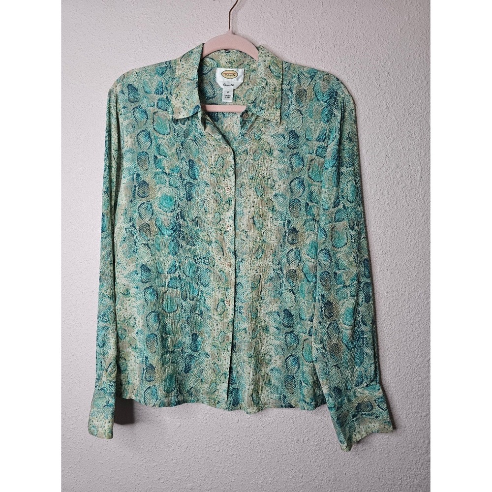 Talbots Pure Silk Snakeskin Print Blouse Teal Green Animal Print Button Down 12